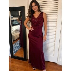 Oleg Cassini Wine Burgundy Lace Sequin Illusion Gown Formal Dress Size 14 NEW